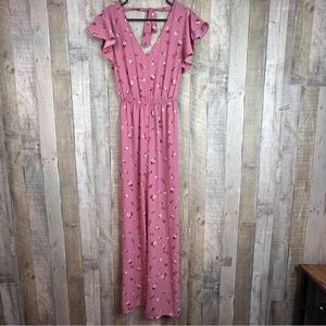 Inspired Hearts Size Large Floral Dot Wide Leg Jumpsuit V-Neck V-Back Tie
